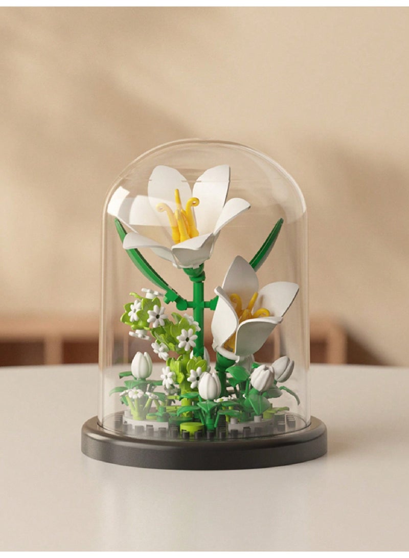 ترتيبات أزهار دائمة من قطع البناء - نماذج زهور مصغرة قابلة للتجميع، تشمل زهور الزنبق، الياسمين، التوليب، الورد، والموكبين، مثالية لديكور المنزل، أفكار هدايا إبداعية لعيد الميلاد، عيد الحب، عيد الفصح، والعطلات الأخرى، مع غطاء واقي وقاعدة. - Image 4